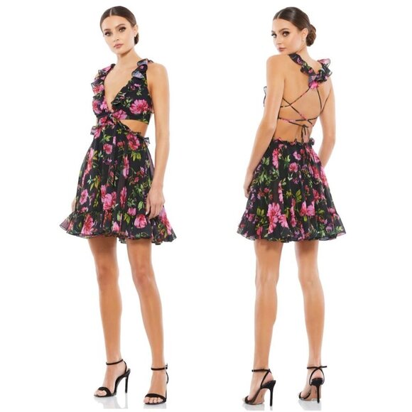 MAC DUGGAL Ruffle Cutout Lace-Up Mini Dress in Black Multi Size US 10 - Picture 1 of 9